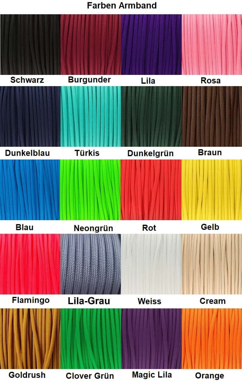 Farbauswahl für Gravur Armband mit verschiedenen Nylonfarben wie Schwarz, Rosa, Blau, und mehr.