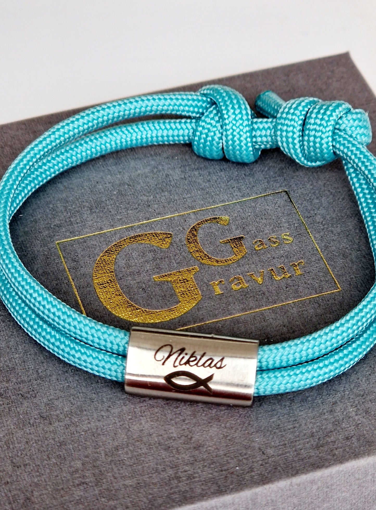 Gravur Armband mit Namen und Fisch, Taufe, Kommunion, Konfirmation