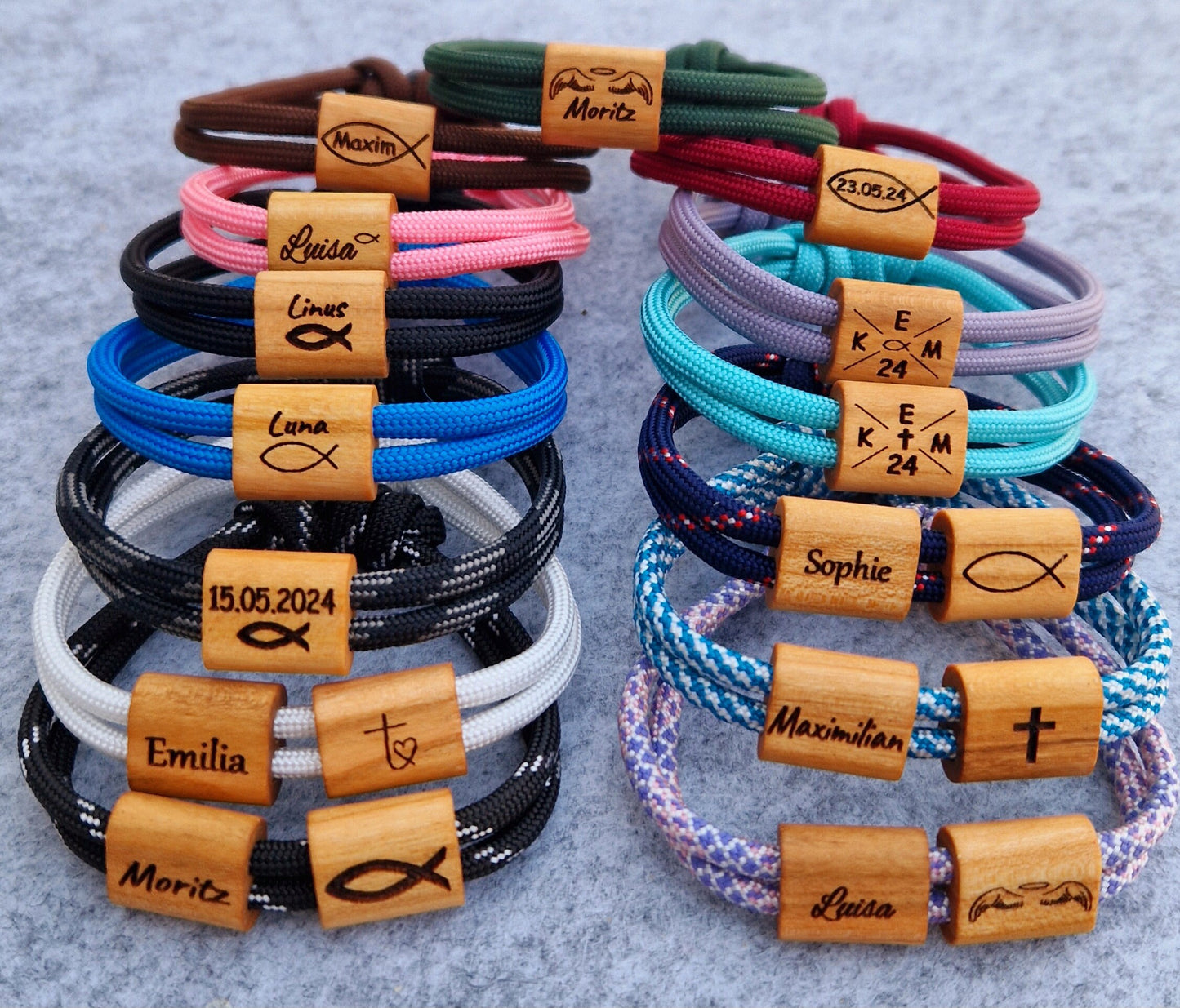 Gravur Holz Armband , Kommunion, Konfirmation, Firmung, Datum mit Fisch