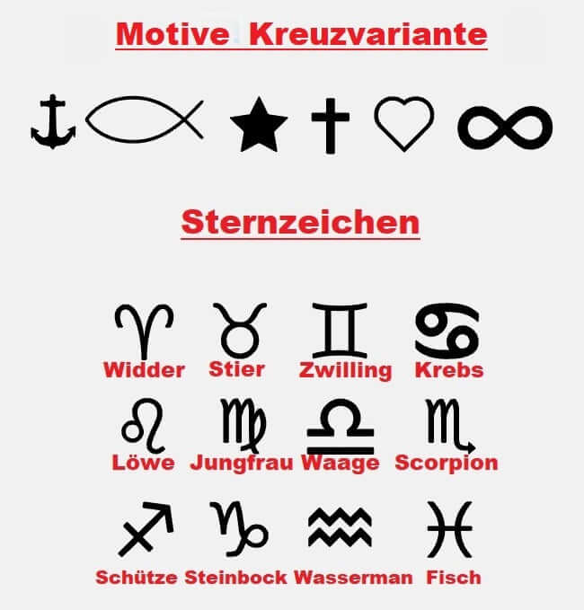 Motive Kreuzvarianten mit verschiedenen Symbolen und Sternzeichen, inklusive Widder, Stier, Zwilling, Krebs und mehr.