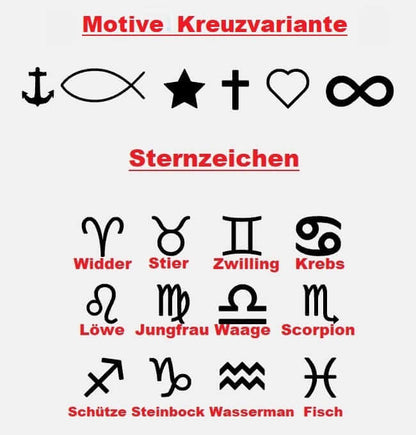 Motive Kreuzvarianten mit verschiedenen Symbolen und Sternzeichen, inklusive Widder, Stier, Zwilling, Krebs und mehr.