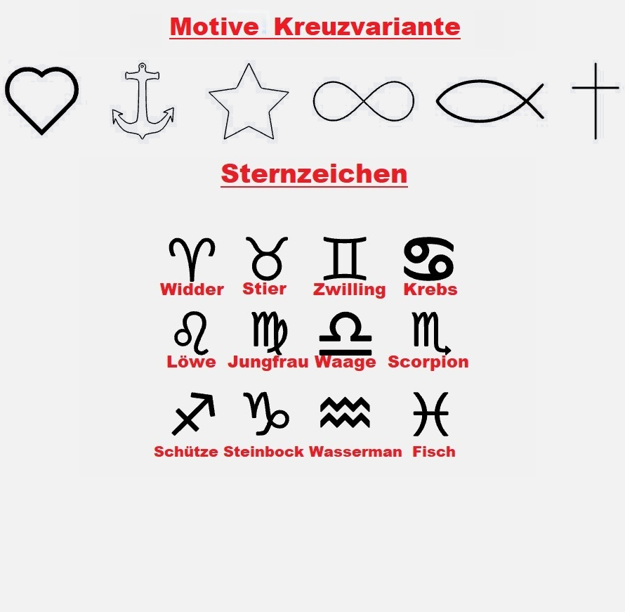 Symbole und Sternzeichen für Gravur Holz Armband, Motive wie Herz, Anker und verschiedene Sternzeichen dargestellt.