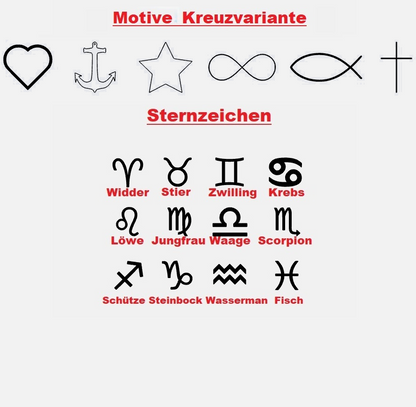 Symbole und Sternzeichen für Gravur Holz Armband, Motive wie Herz, Anker und verschiedene Sternzeichen dargestellt.