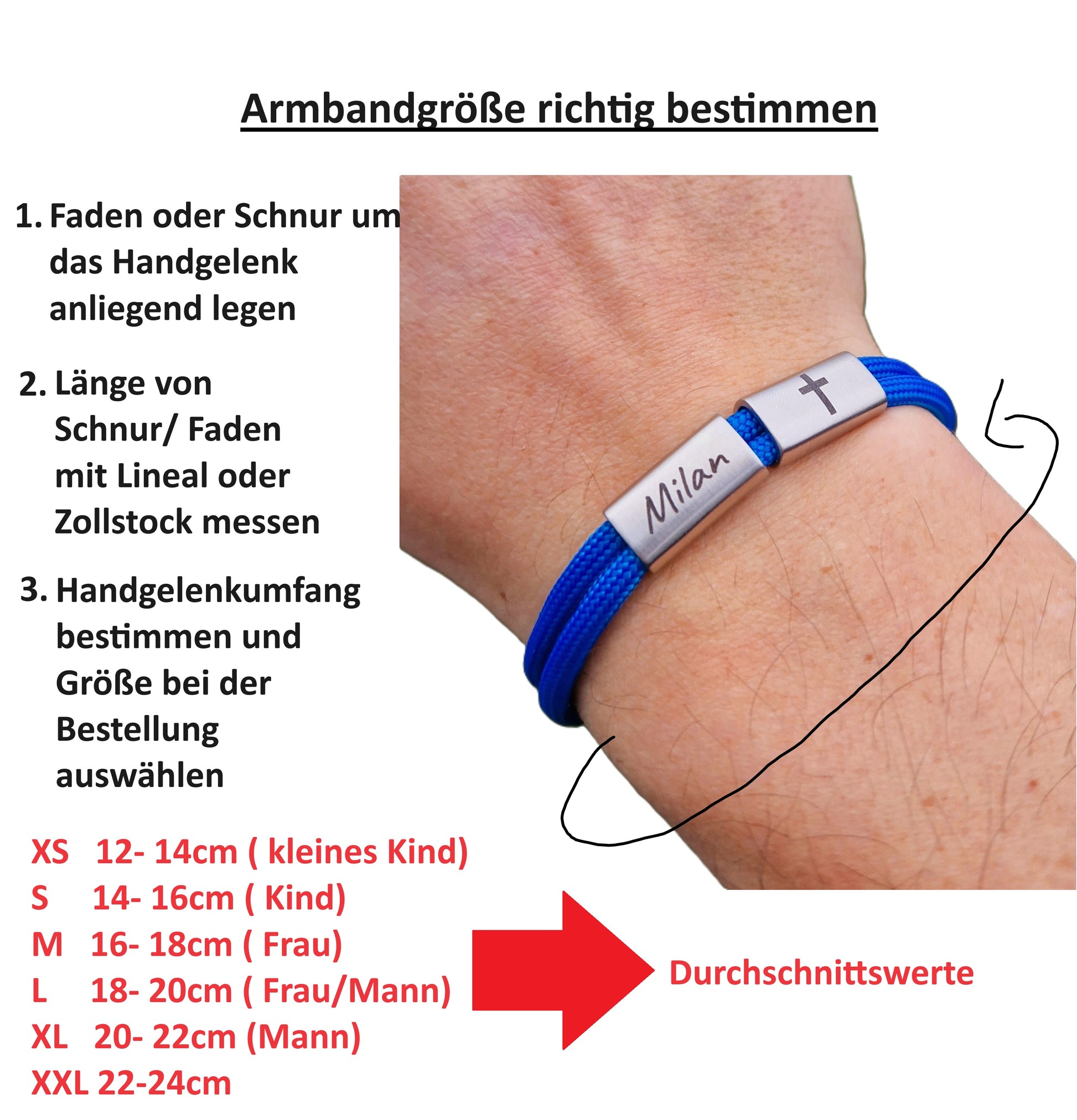 Armbandgröße richtig bestimmen mit personalisiertem Gravur Holz Armband und Maßschneiderungsanleitung.